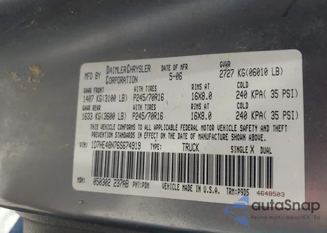 2006 Dodge Dakota Slt из США, поврежденный, VIN 1D7HE48N76S674919